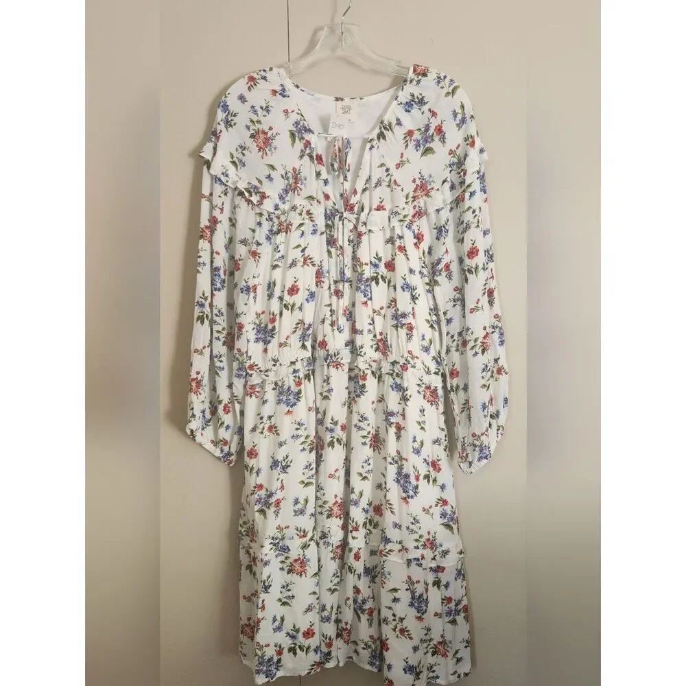 D40 Good Hart blue & pink Floral Pheasant style dress Long puff sleeves